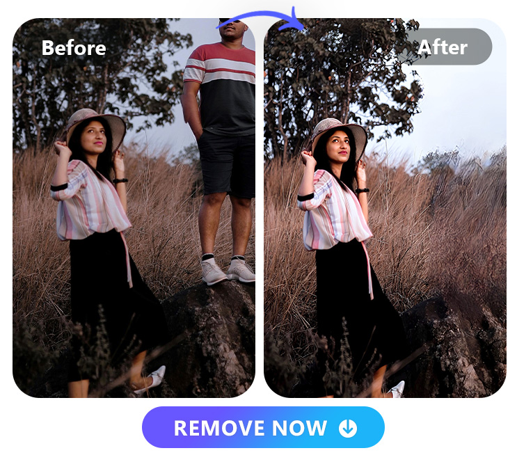 an original photo of a couple and the guy removed photo edited by PhotoDirector, also enhance the photo by upscaling quality and applying portrait tools